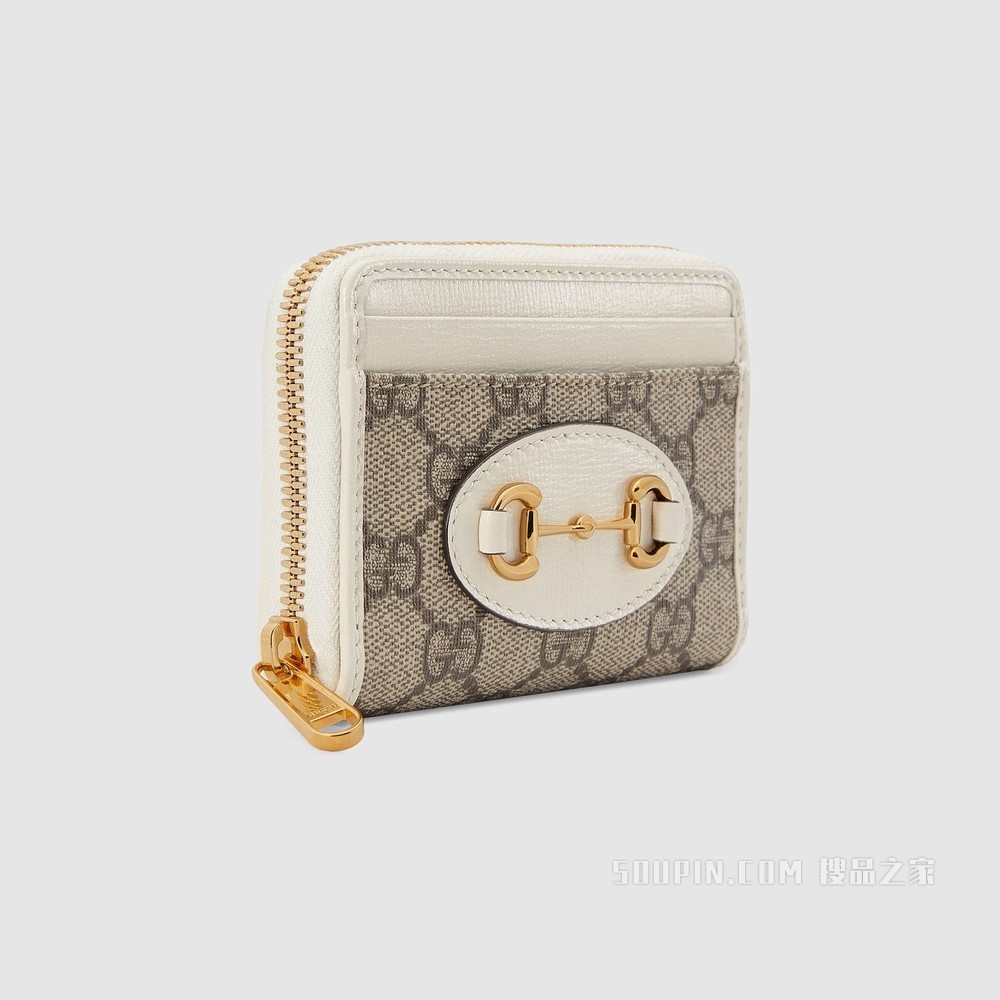 Gucci 马衔扣1955系列卡包 GG Supreme帆布和白色皮革