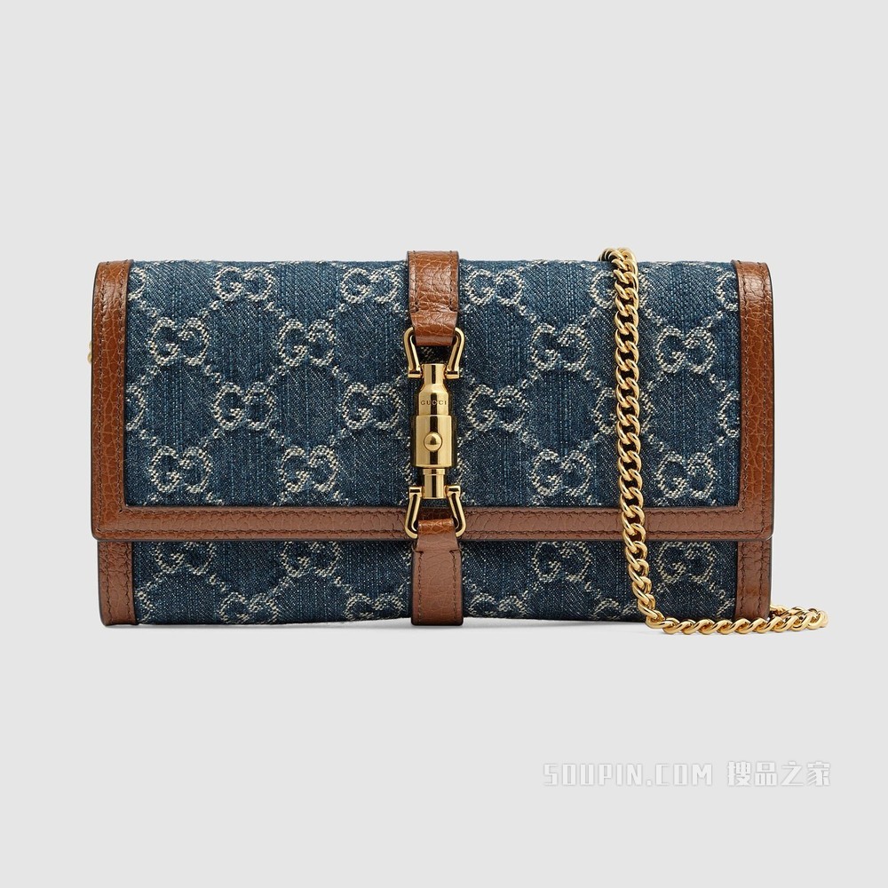 GG Denim系列Jackie 1961系列链带钱包 蓝色和象牙白色双G提花丹宁面料