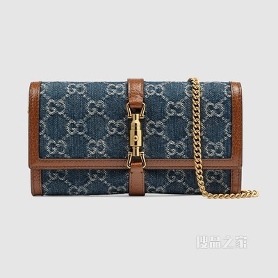 GG Denim系列Jackie 1961系列链带钱包 蓝色和象牙白色双G提花丹宁面料