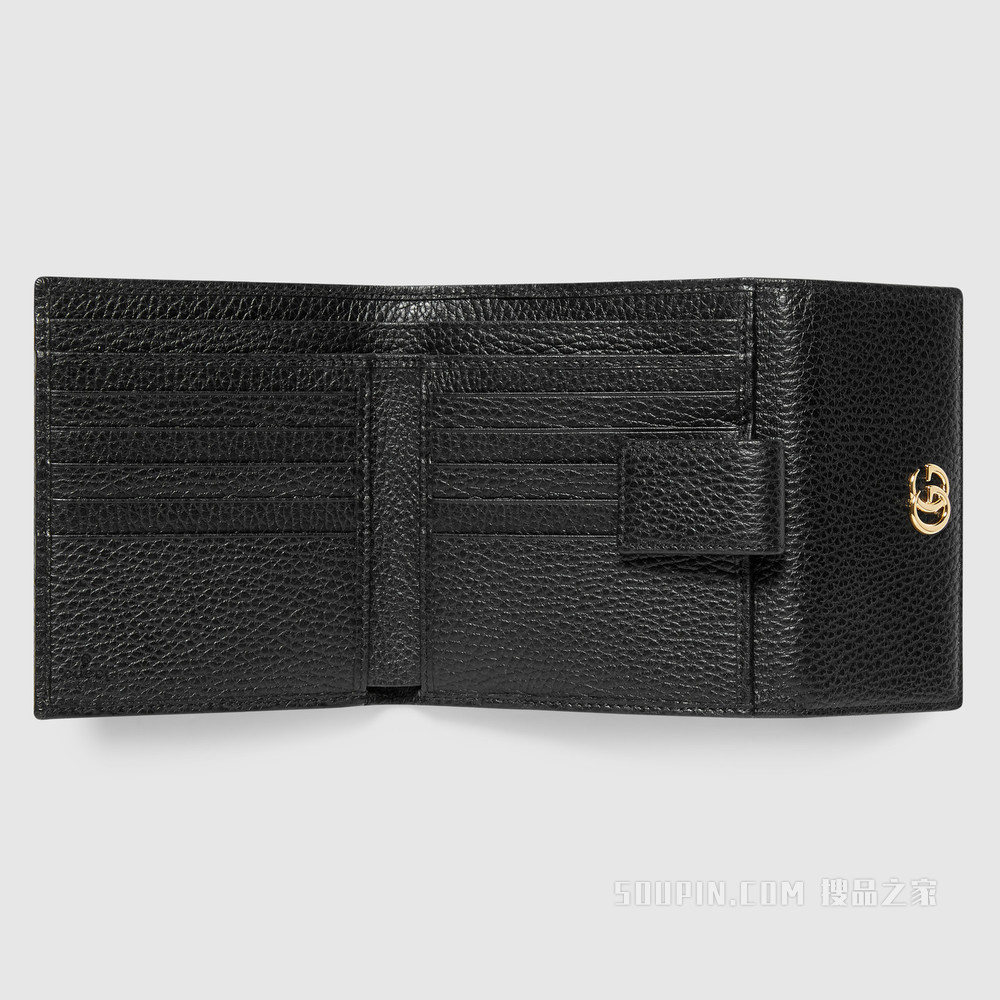 皮革法式翻盖钱包 黑色皮革