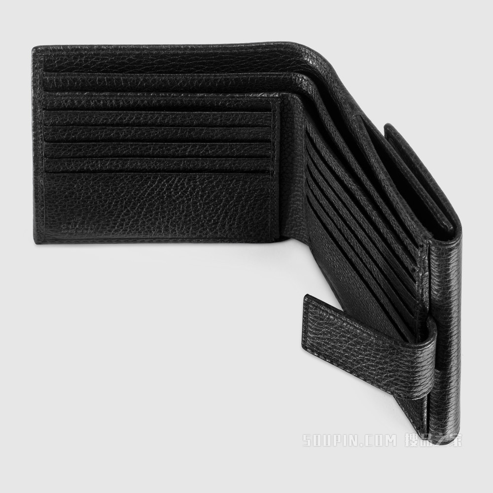 皮革法式翻盖钱包 黑色皮革