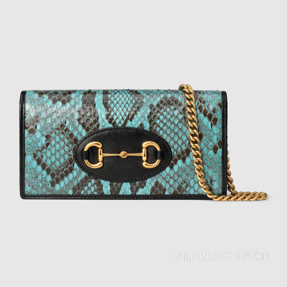 中国专享Gucci 马衔扣1955系列蟒蛇皮链带钱包 浅蓝色