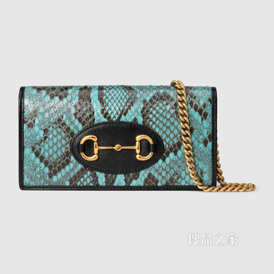 中国专享Gucci 马衔扣1955系列蟒蛇皮链带钱包 浅蓝色