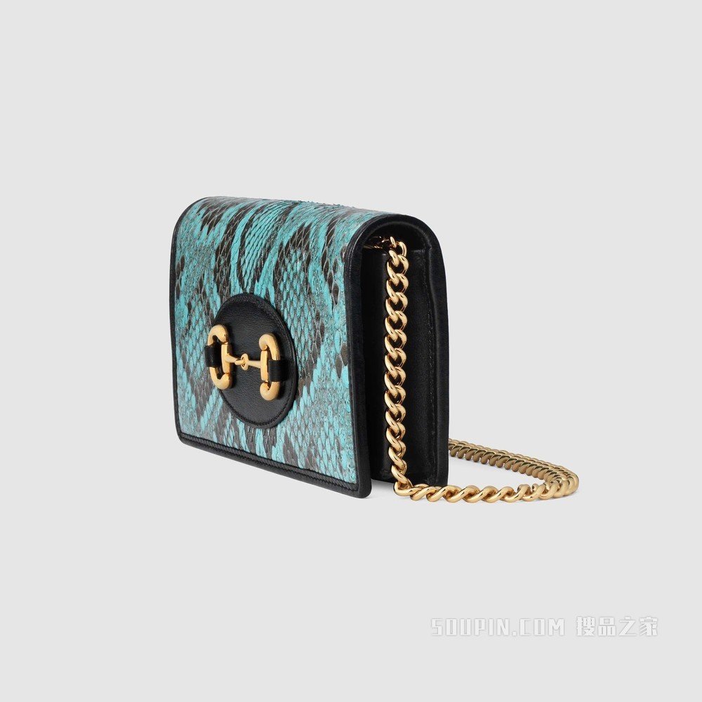 中国专享Gucci 马衔扣1955系列蟒蛇皮链带钱包 浅蓝色