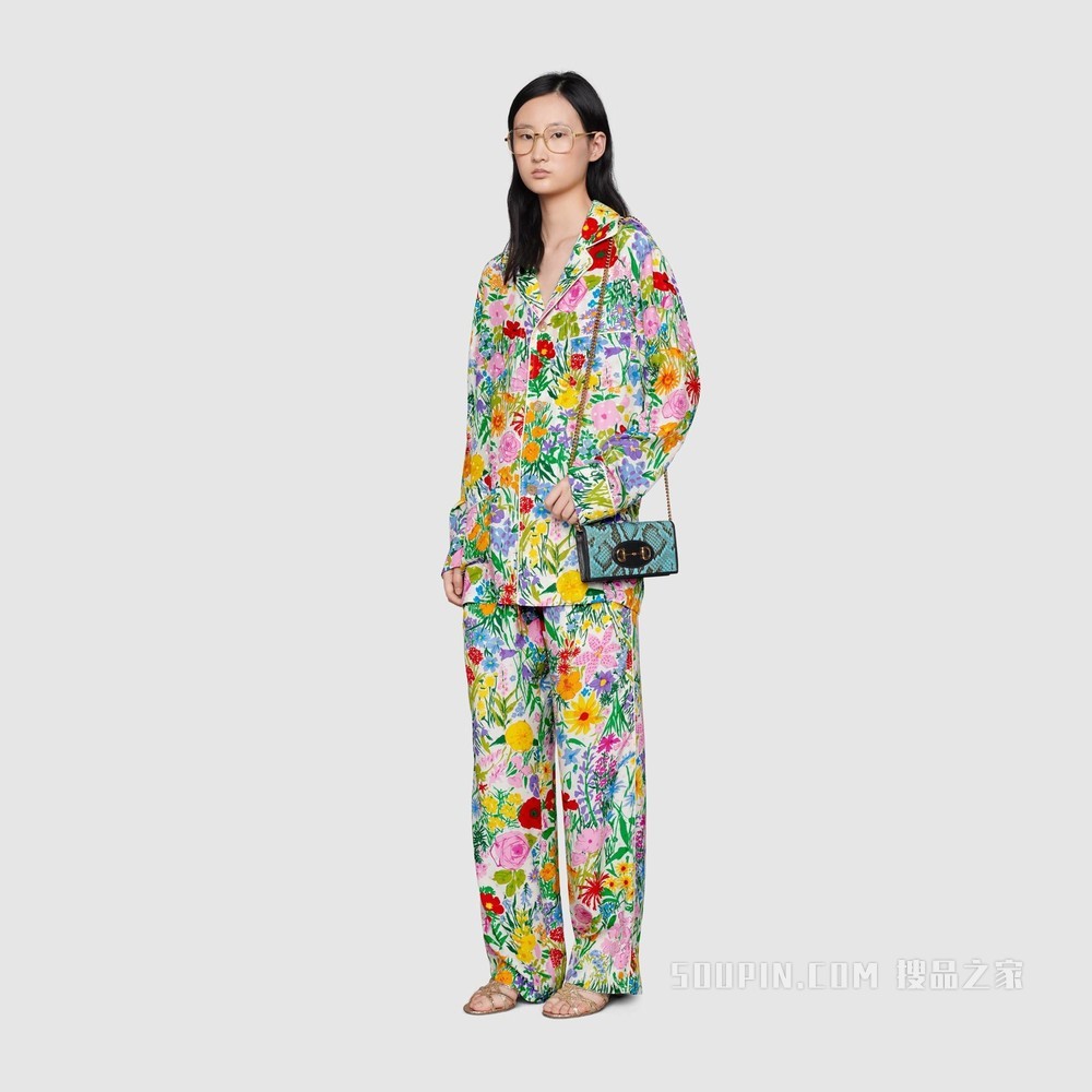 中国专享Gucci 马衔扣1955系列蟒蛇皮链带钱包 浅蓝色
