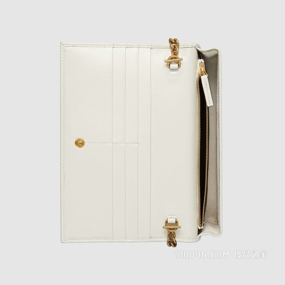 Gucci 马衔扣1955系列链带钱包 GG Supreme帆布/白色皮革