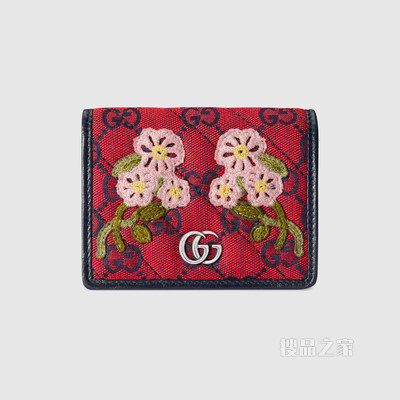 古驰520特别系列花卉贴花卡包 红色和蓝色GG帆布