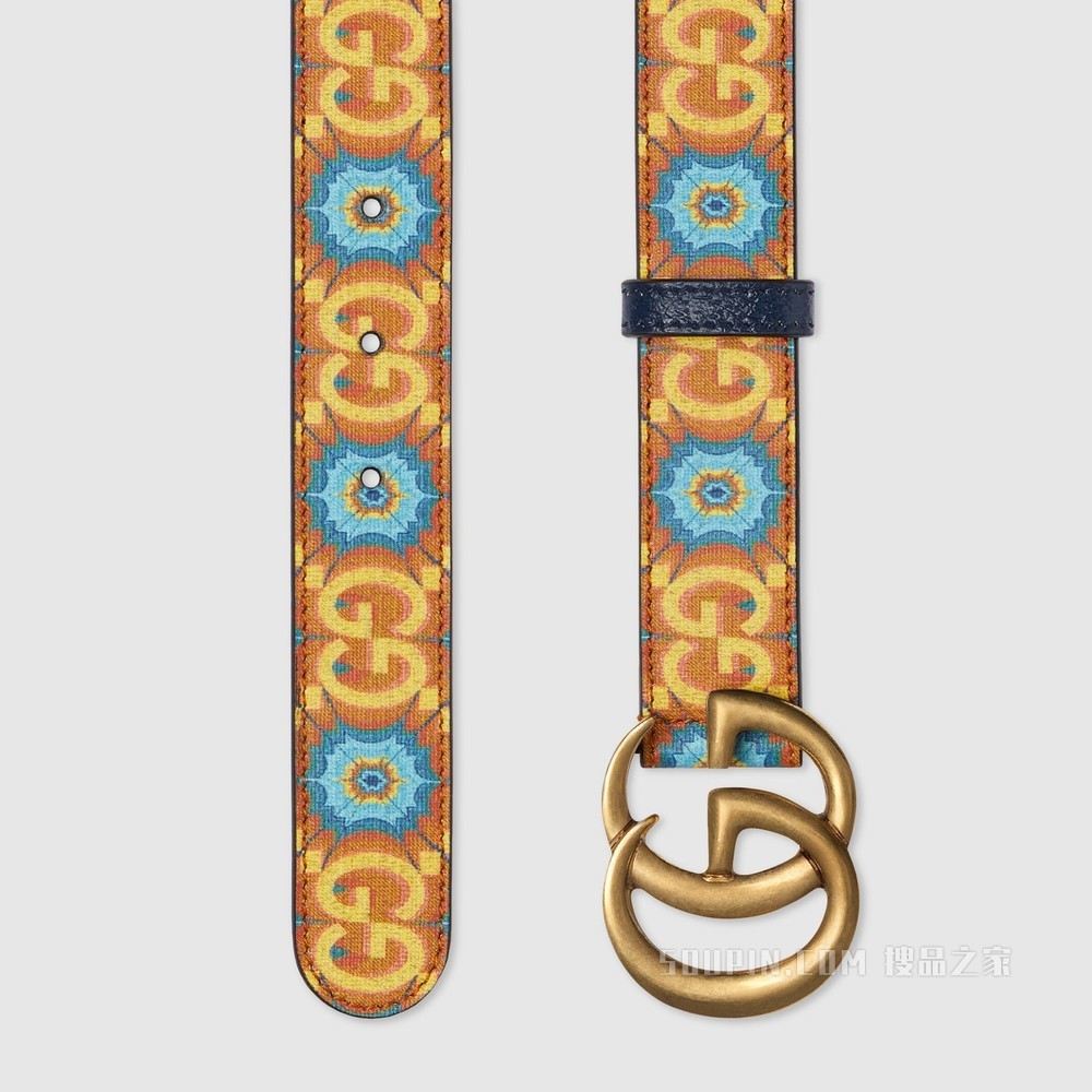 Gucci 100特别系列双G带扣腰带 蓝色和橙色Supreme帆布