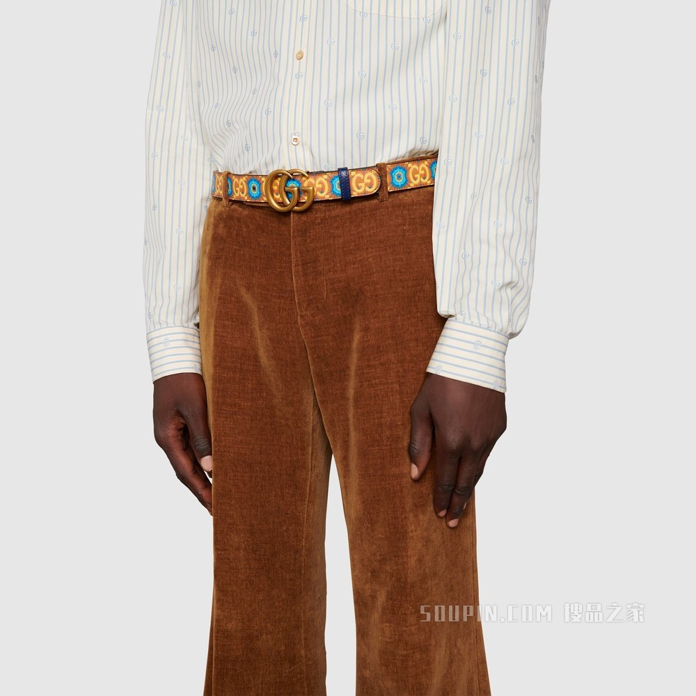 Gucci 100特别系列双G带扣腰带 蓝色和橙色Supreme帆布