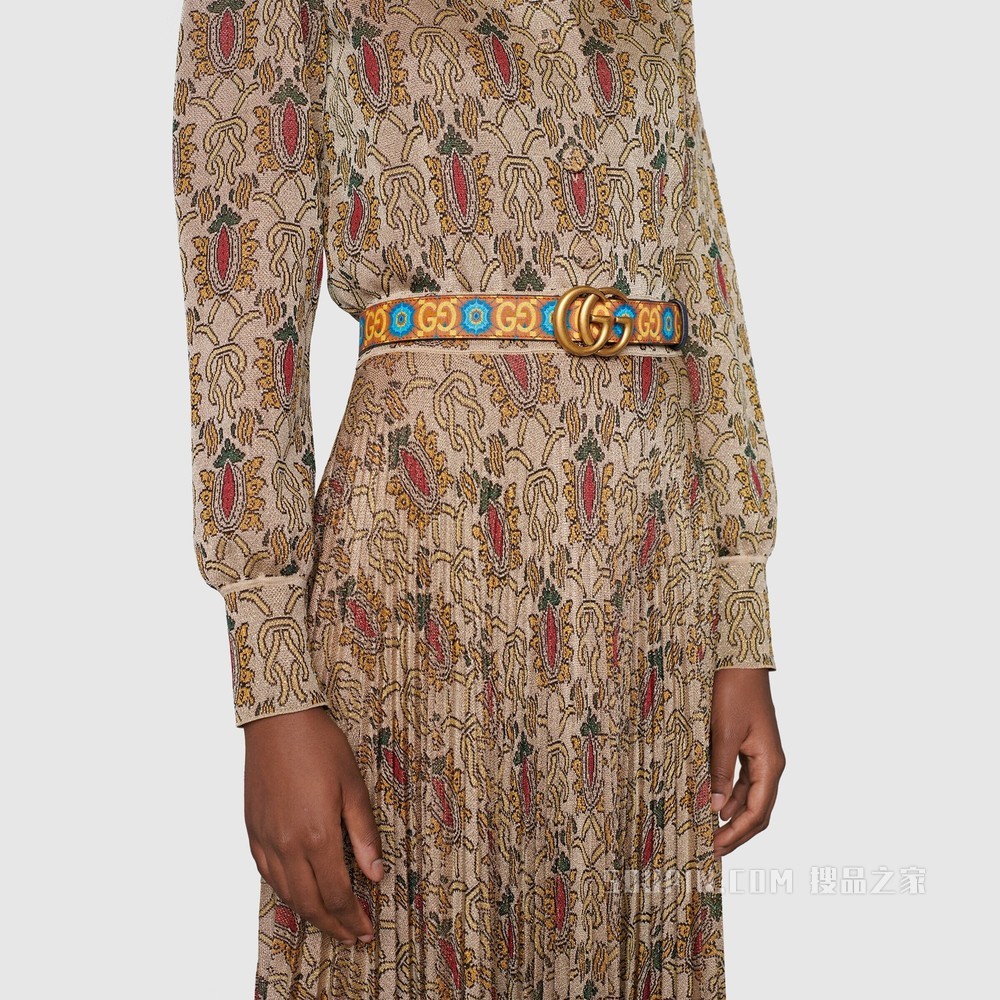 Gucci 100特别系列双G带扣腰带 蓝色和橙色Supreme帆布