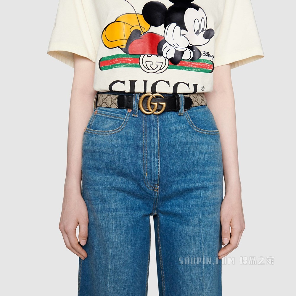 双G带扣GG Supreme帆布腰带 黑色皮革