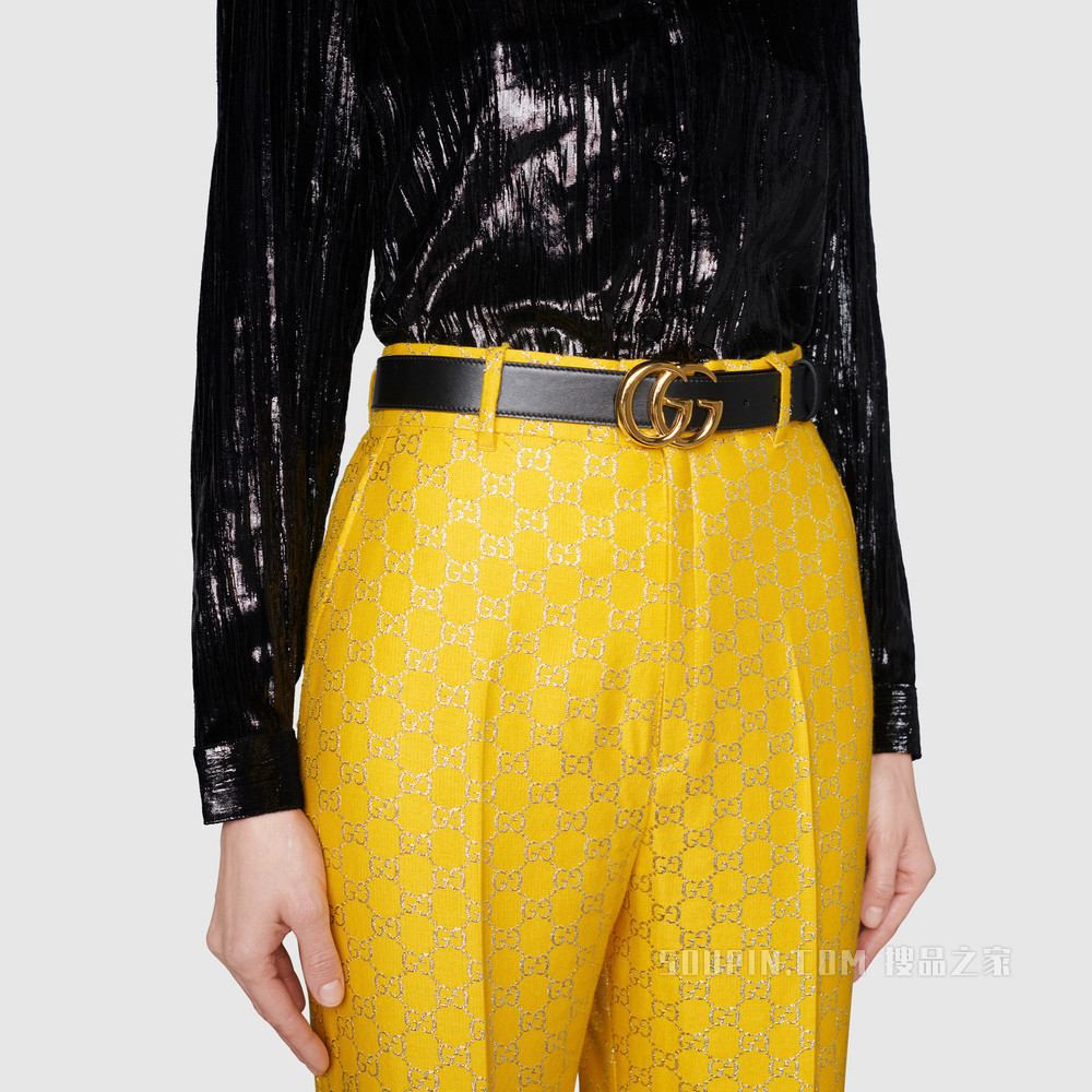 闪亮双G带扣皮革腰带 黑色皮革