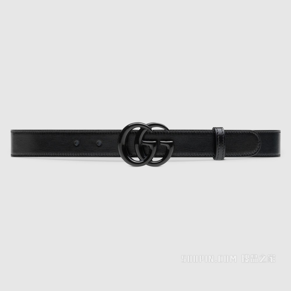 双G带扣窄版腰带 黑色皮革