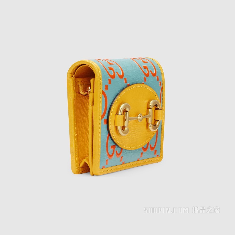 Gucci 马衔扣1955系列卡包 橙色和蓝色皮革