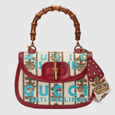 Gucci 100特别系列中号竹节手袋 象牙白色提花