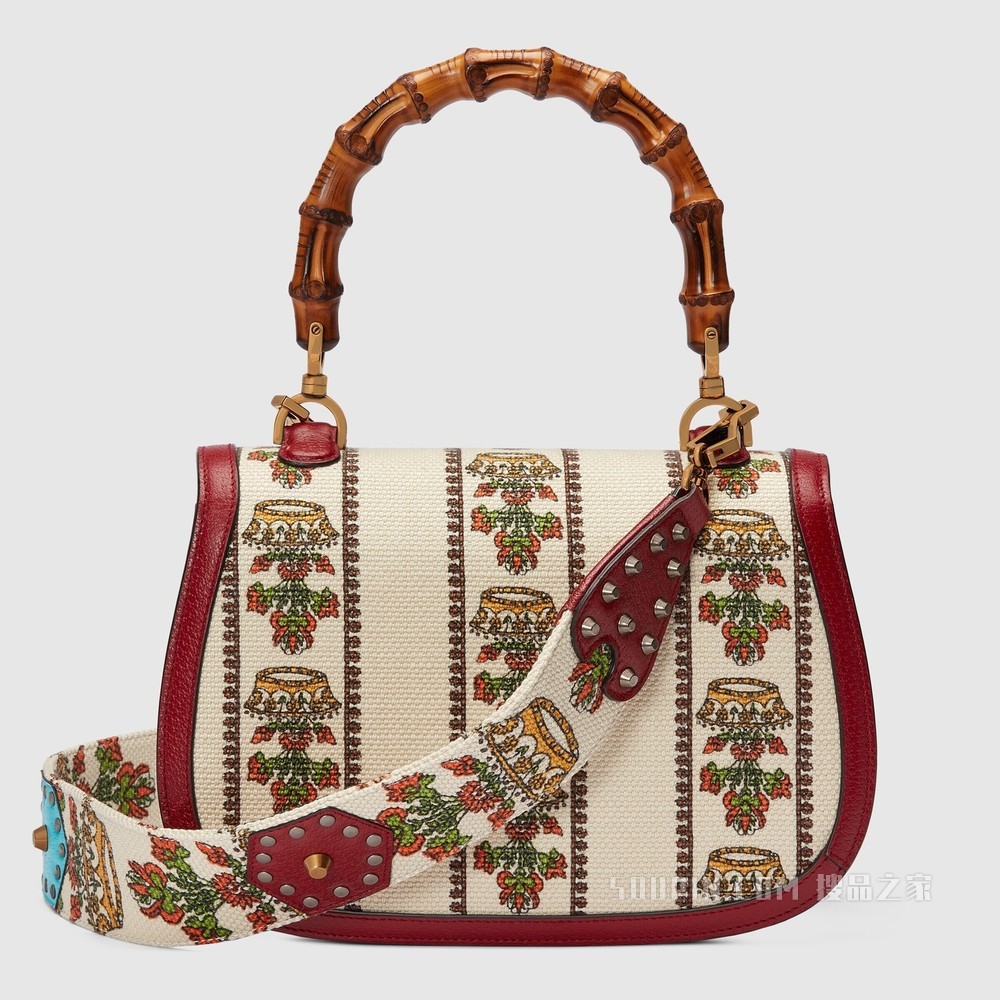Gucci 100特别系列中号竹节手袋 象牙白色提花