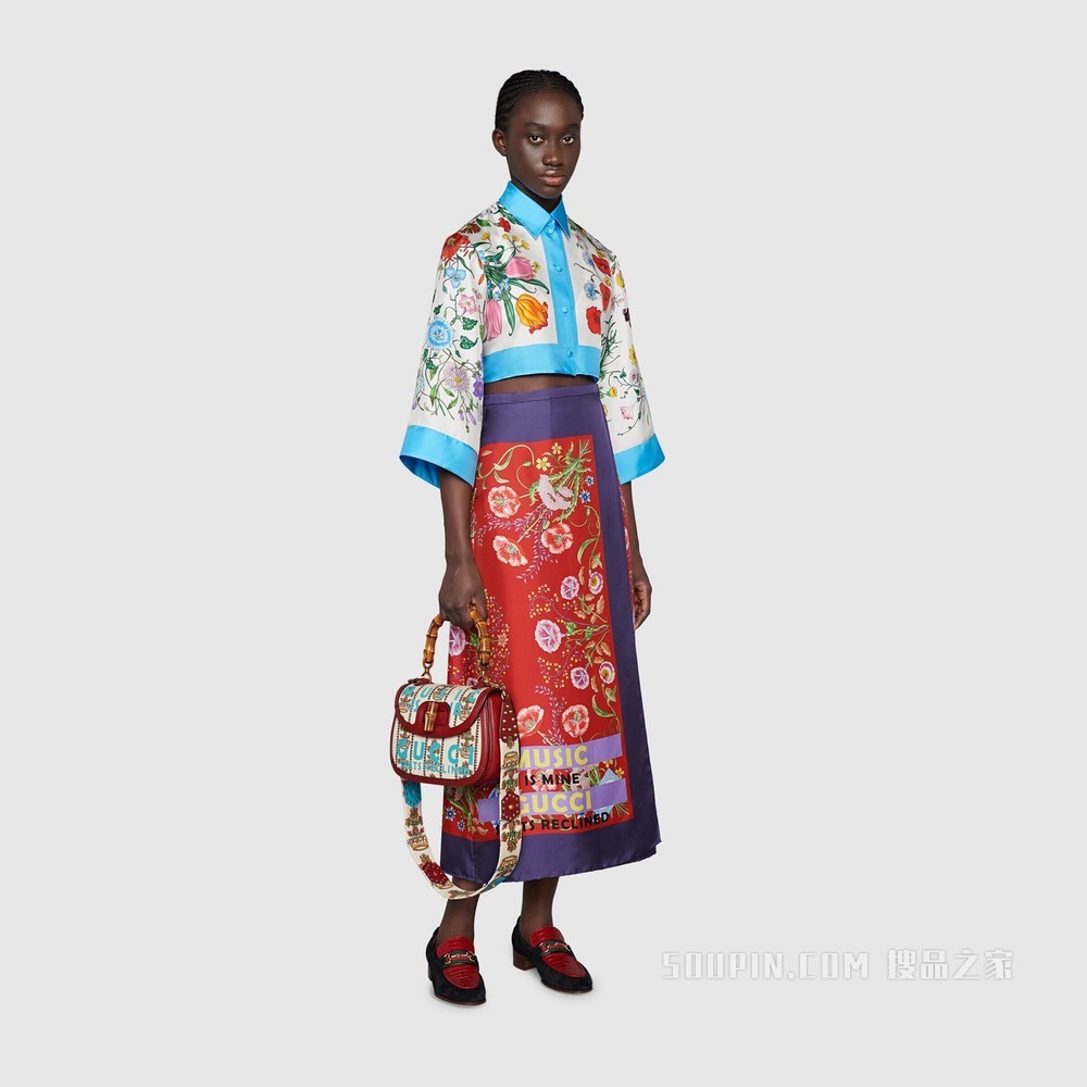 Gucci 100特别系列中号竹节手袋 象牙白色提花