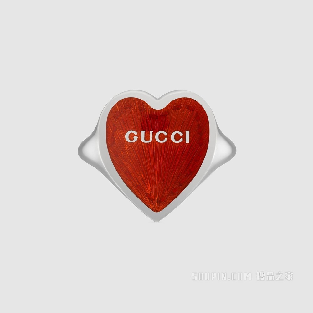 Gucci珐琅爱心戒指 纯银/红色珐琅