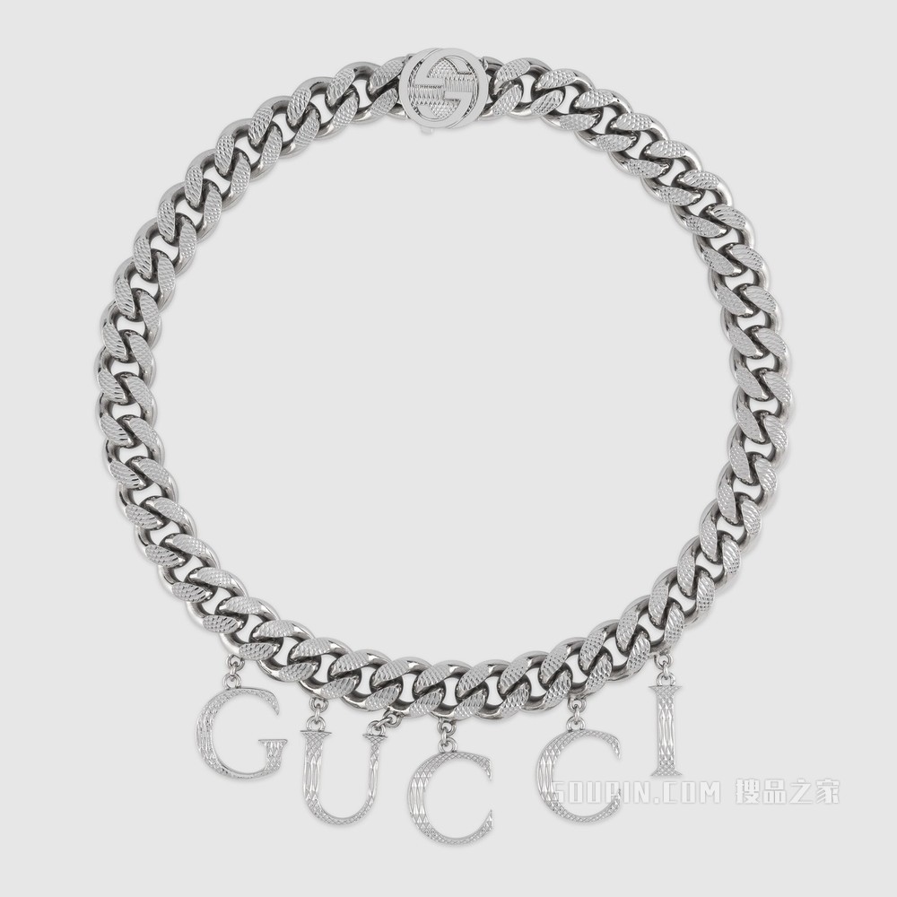饰手写体GUCCI颈链 钯金色调金属