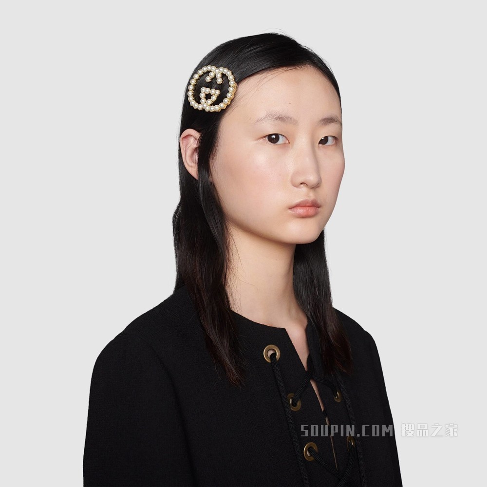 珍珠互扣式双G发夹 象牙白