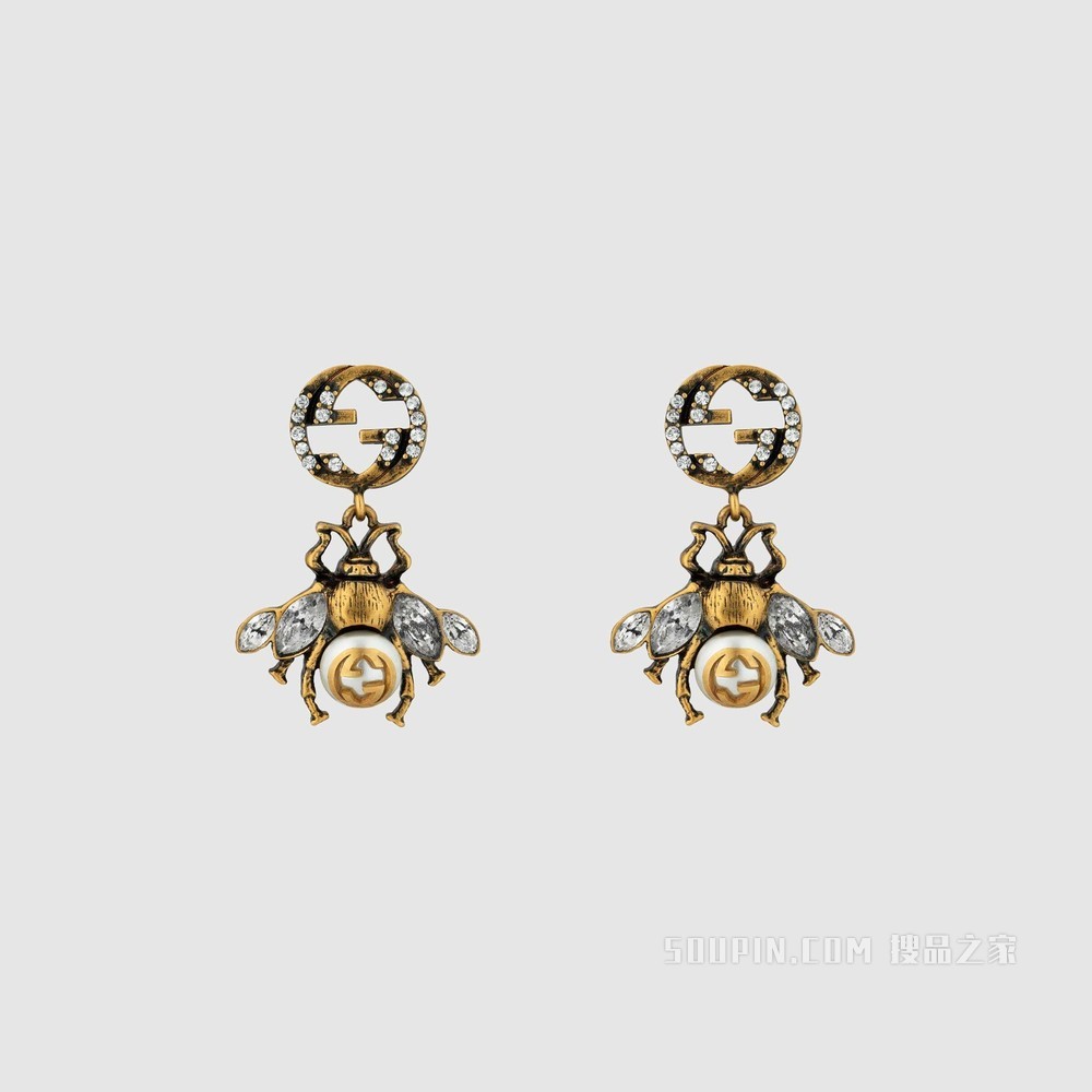 互扣式双G蜜蜂耳环 做旧金色调金属