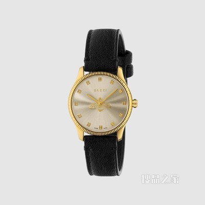 G-Timeless系列腕表，29毫米 黑色皮革及黄金色PVD