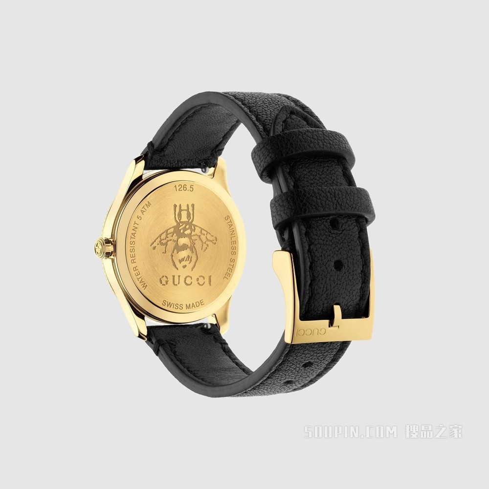 G-Timeless系列腕表，29毫米 黑色皮革及黄金色PVD