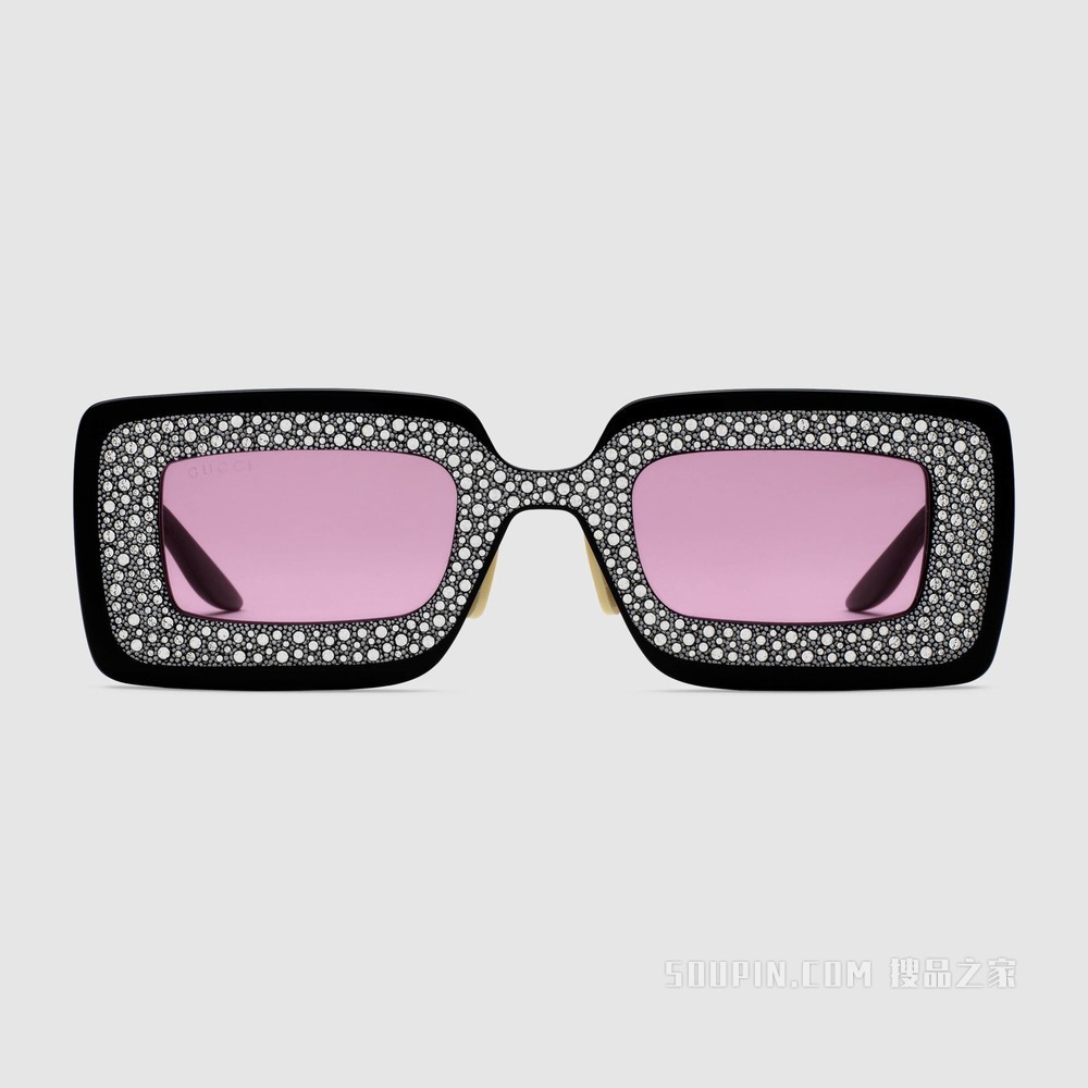 饰水晶长方形镜框太阳眼镜 黑色醋纤