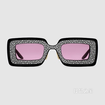 饰水晶长方形镜框太阳眼镜 黑色醋纤