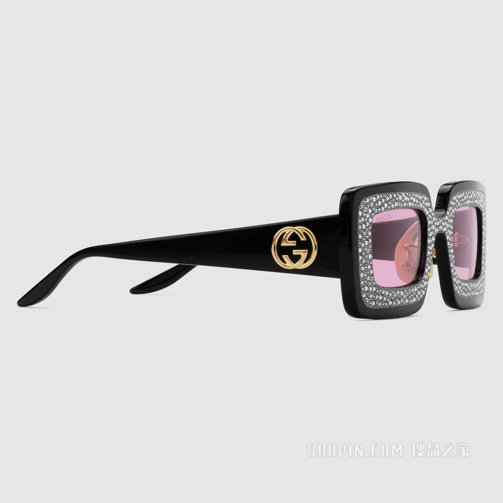 饰水晶长方形镜框太阳眼镜 黑色醋纤