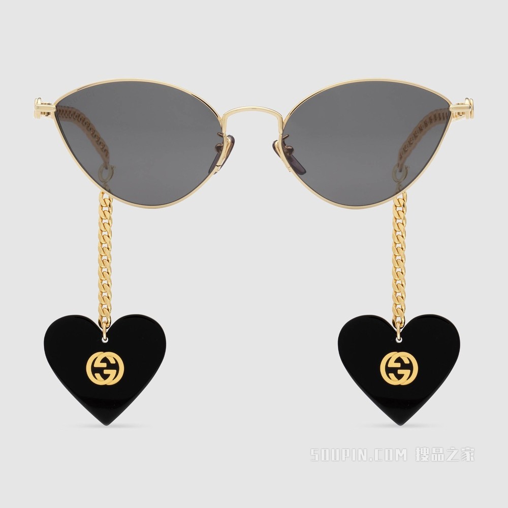 心型吊坠猫眼造型太阳眼镜 金色金属