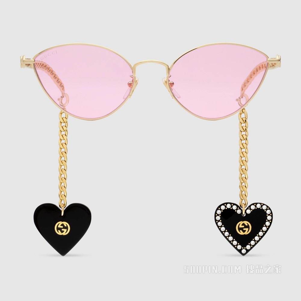心型吊坠猫眼造型太阳眼镜 金色金属