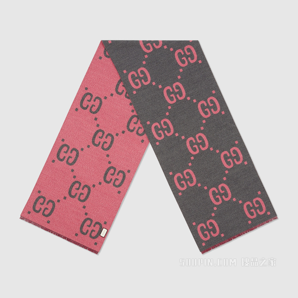 双G提花羊毛真丝混纺围巾 浅灰色/粉色双G提花