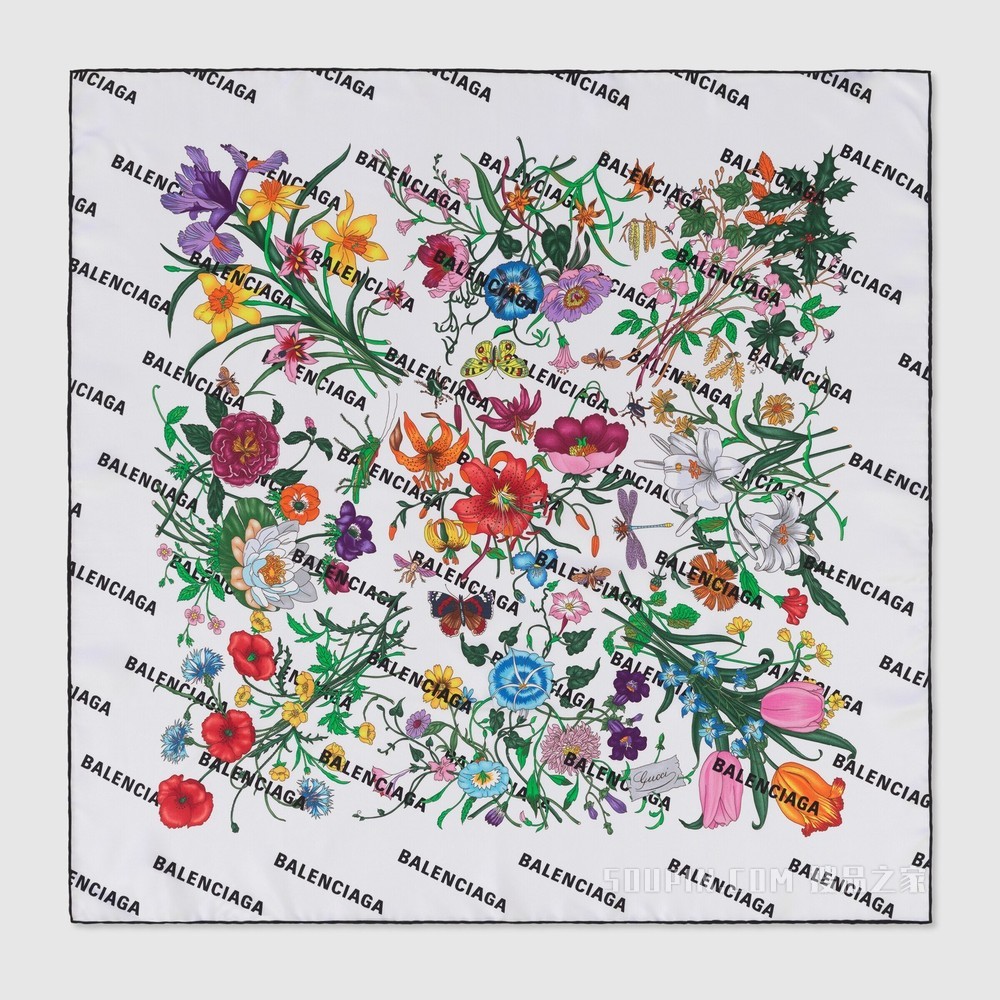 The Hacker Project系列花卉印花真丝围巾 象牙白色和多色