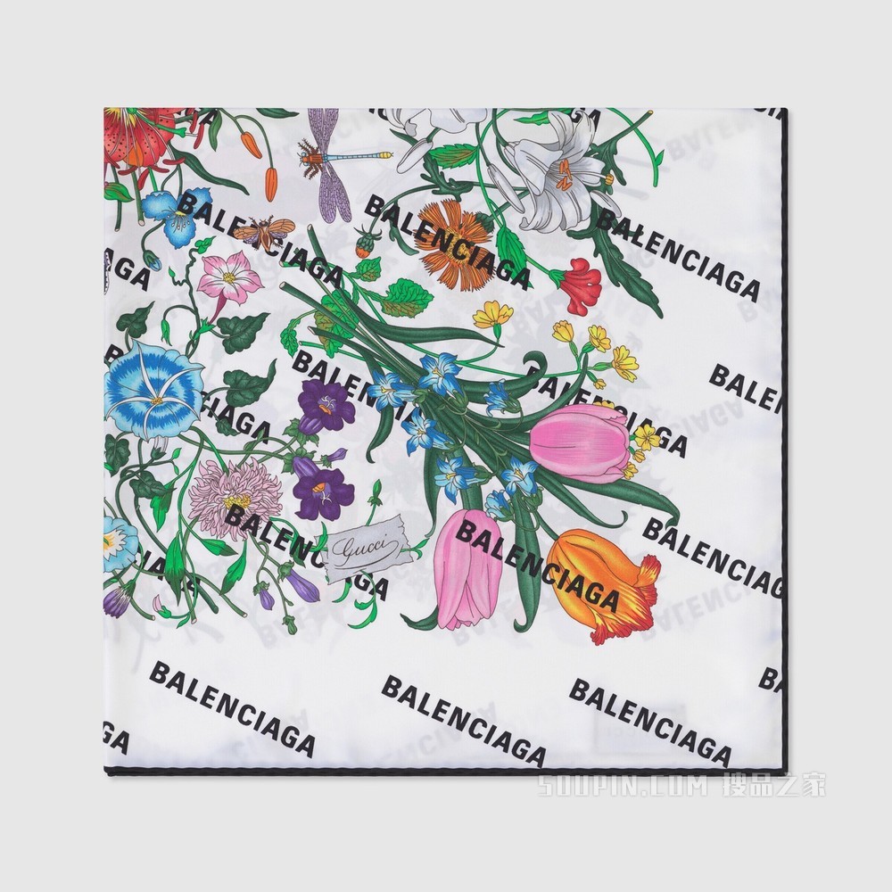 The Hacker Project系列花卉印花真丝围巾 象牙白色和多色