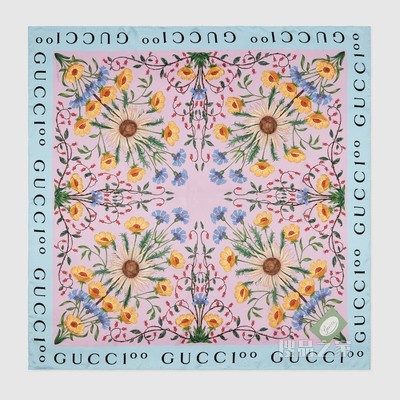 Gucci 100特别系列花卉印花方巾 紫色和蓝色