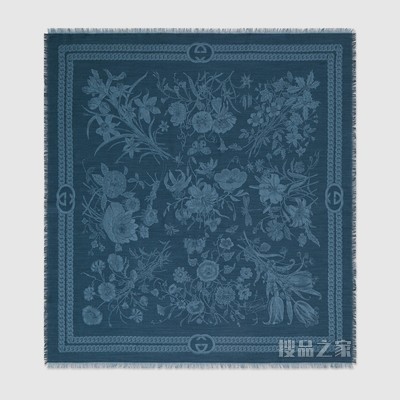 花卉提花真丝围巾 蓝色
