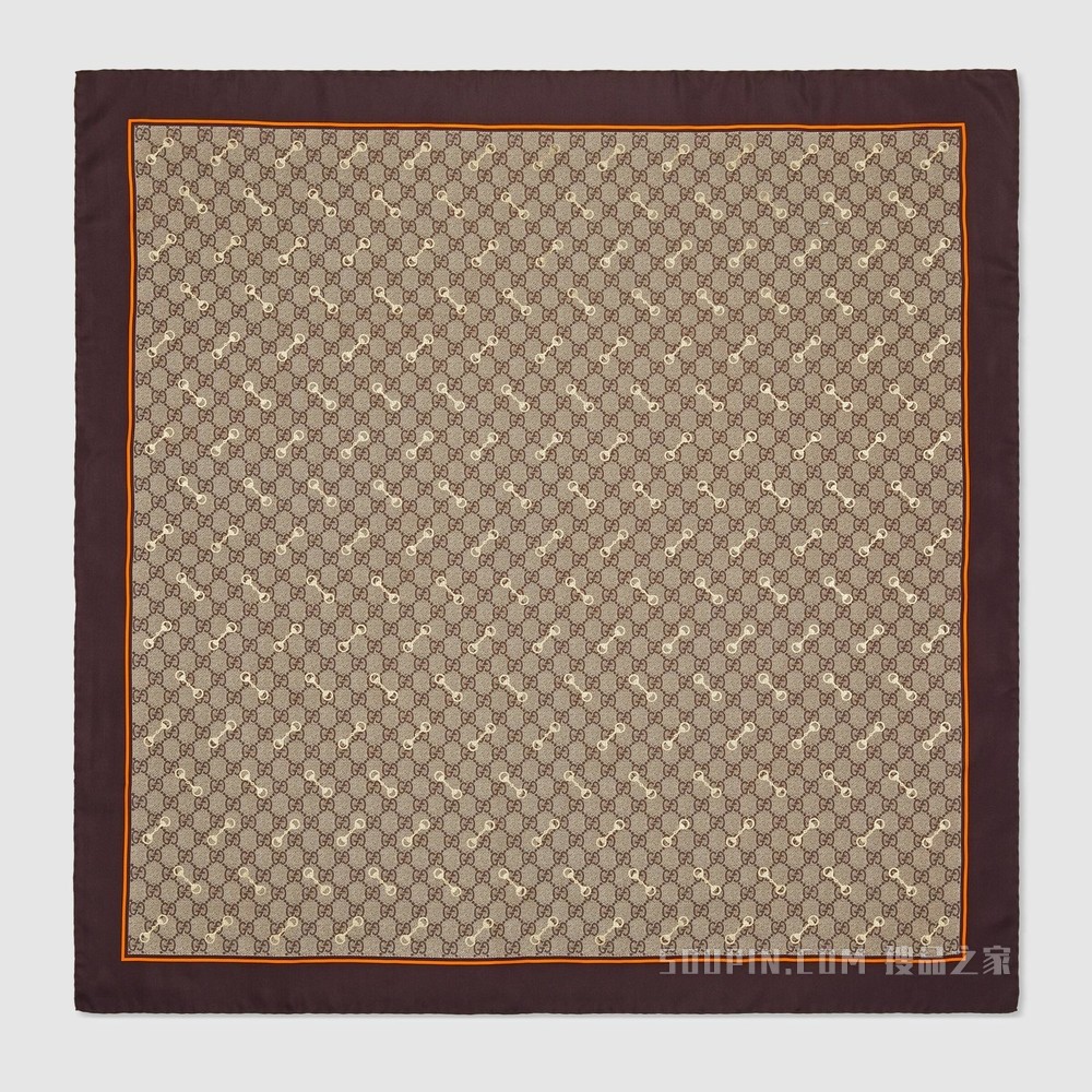 GG马衔扣印花真丝围巾 米色和乌木色