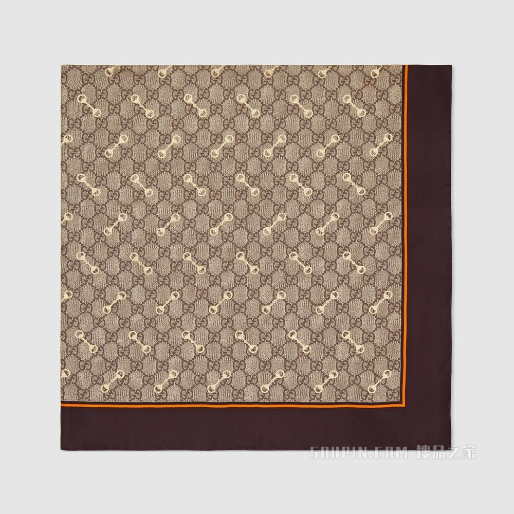 GG马衔扣印花真丝围巾 米色和乌木色