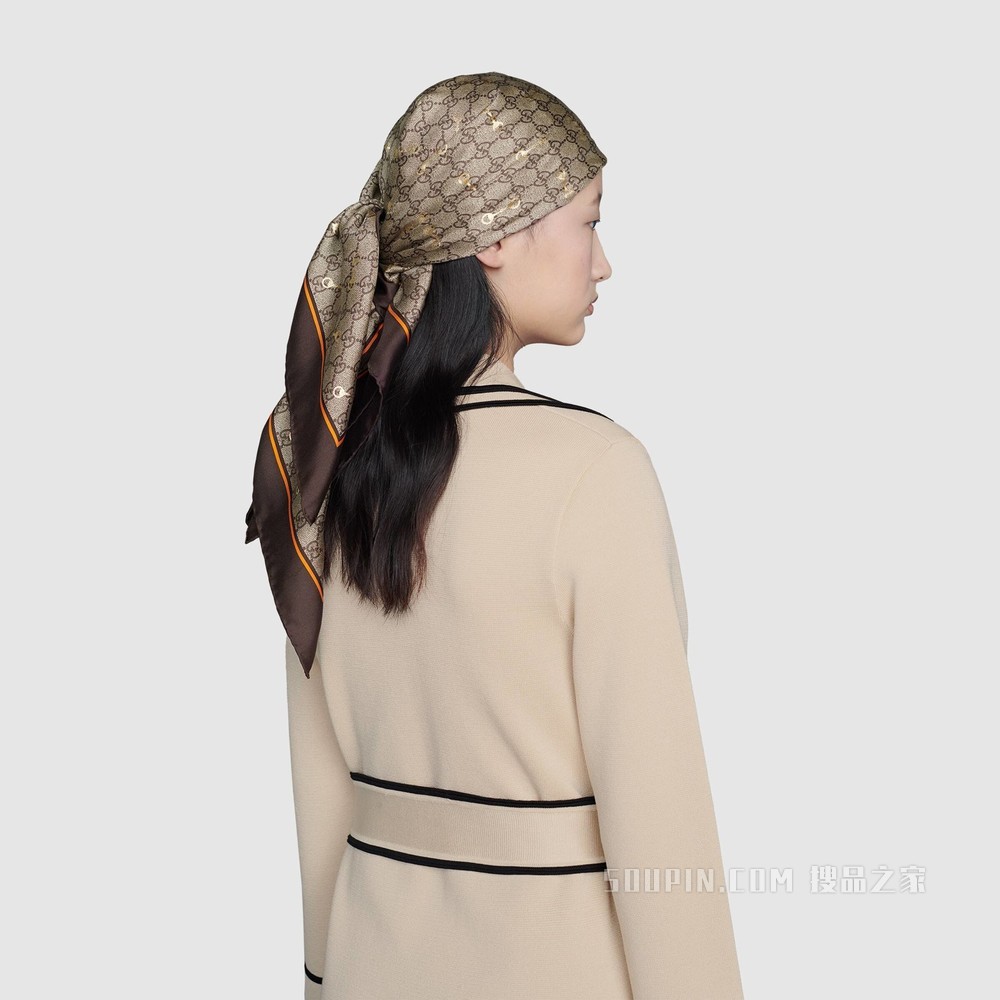 GG马衔扣印花真丝围巾 米色和乌木色