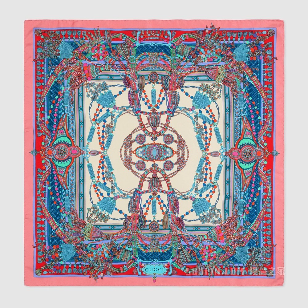 流苏和链条印花真丝围巾 粉色和红色