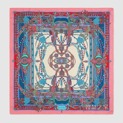 流苏和链条印花真丝围巾 粉色和红色