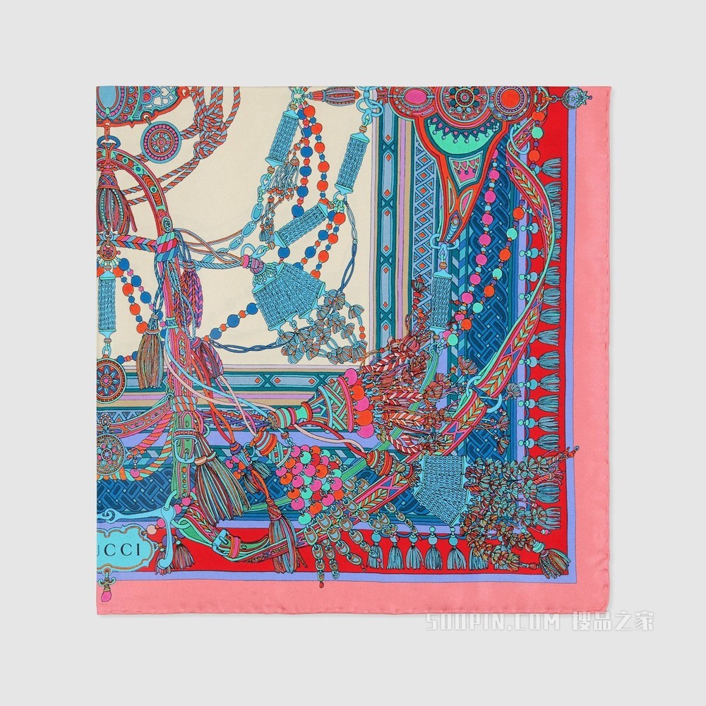 流苏和链条印花真丝围巾 粉色和红色