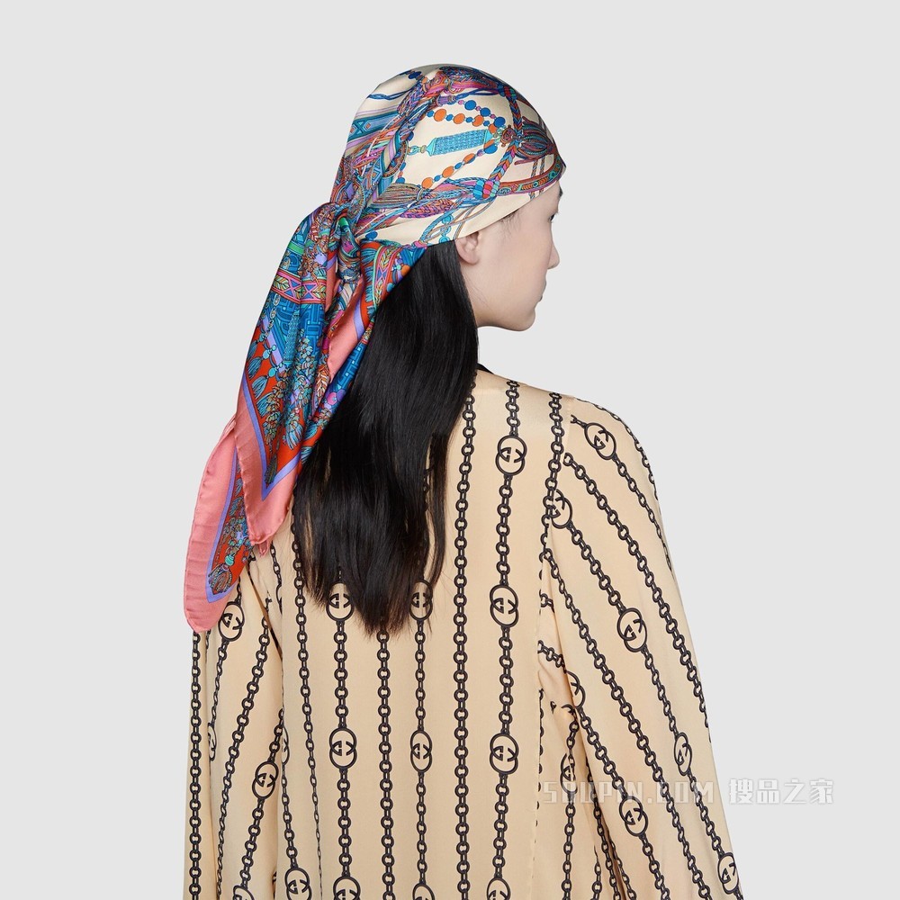 流苏和链条印花真丝围巾 粉色和红色