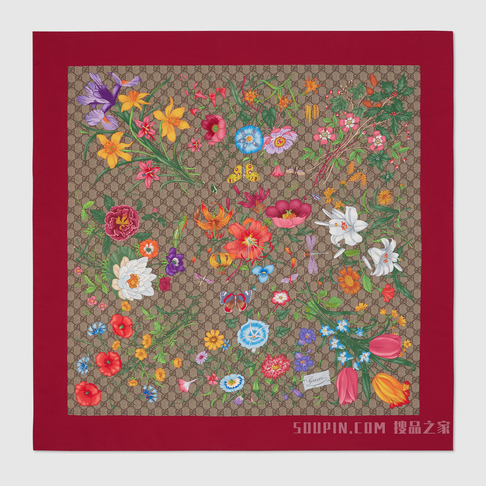 GG花卉印花真丝围巾 红色/GG花卉印花