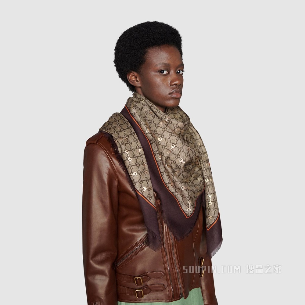 GG马衔扣印花莫代尔披肩 米色和乌木色