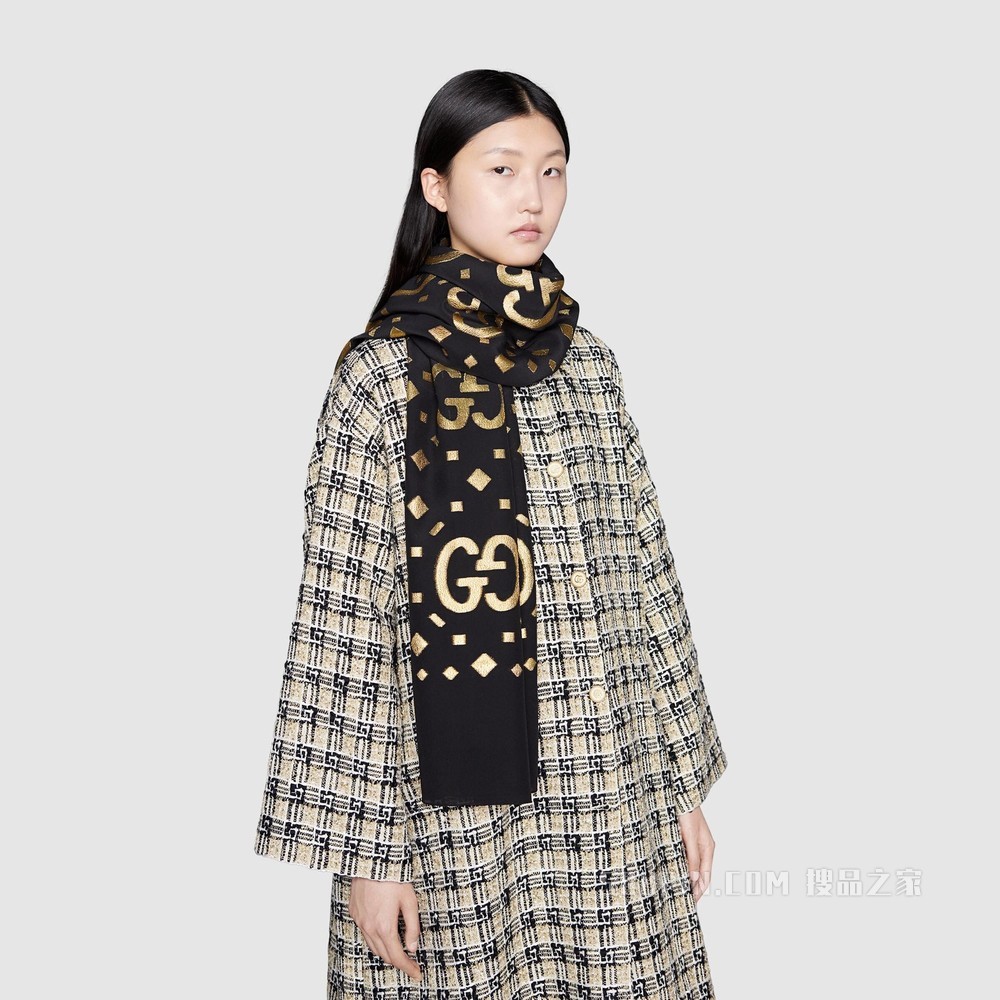 GG图案切丝金银丝线披肩 黑色和金色