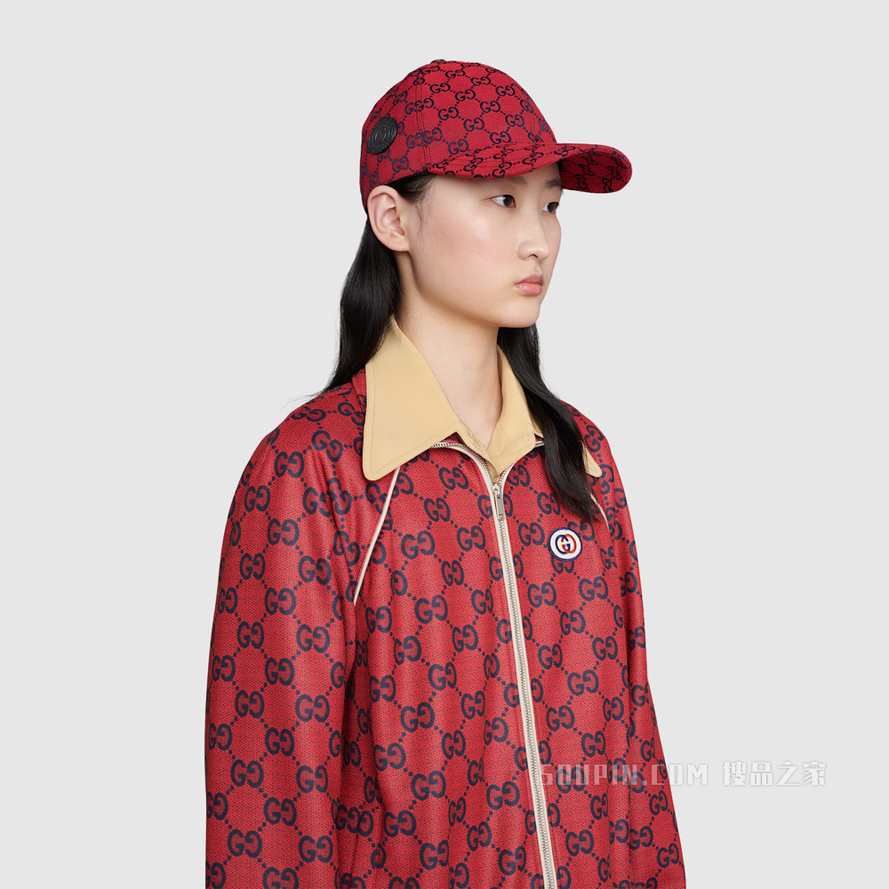 古驰520特别系列双G图案帆布棒球帽 红色和蓝色