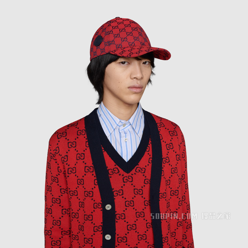古驰520特别系列双G图案帆布棒球帽 红色和蓝色