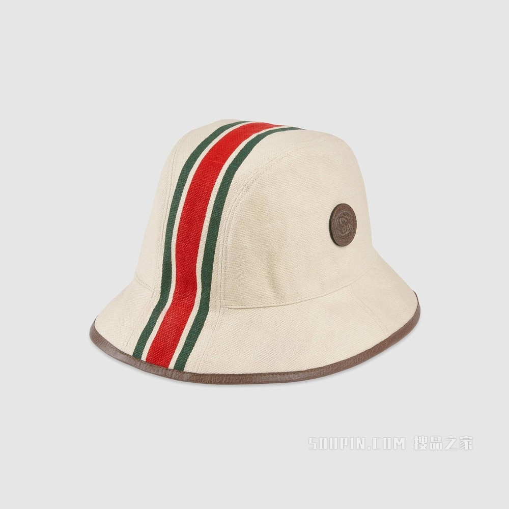 织带帆布渔夫帽 象牙白和棕色